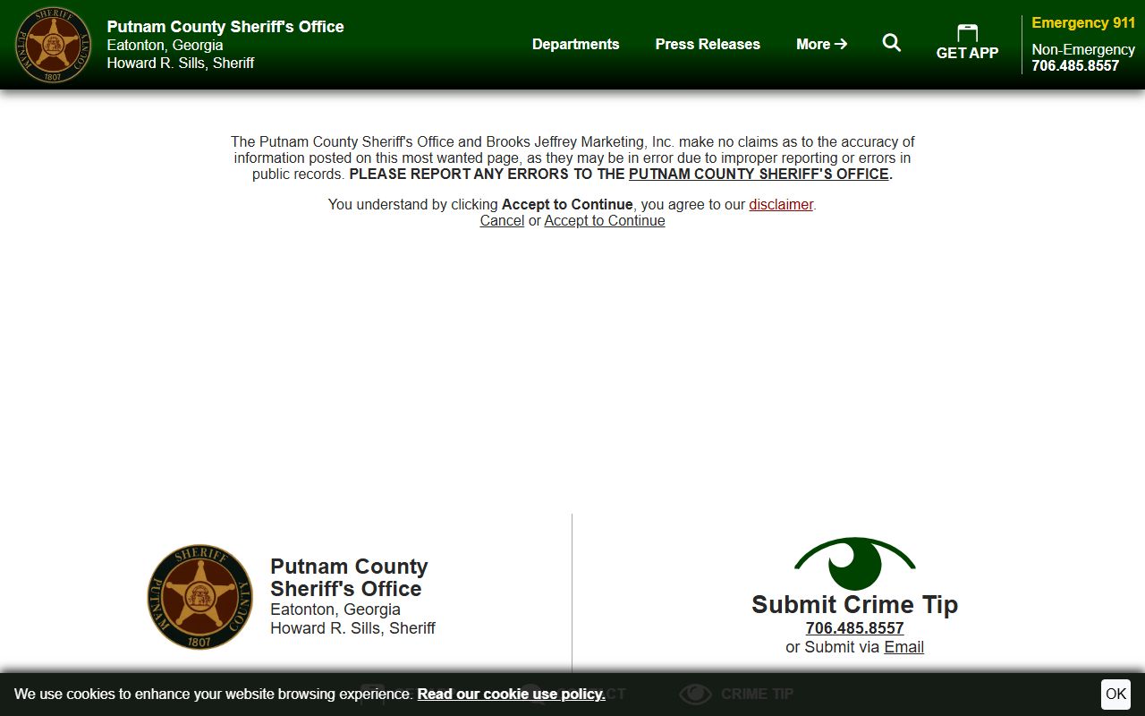 Putnam County warrant records sheriff most wanted disclaimer
